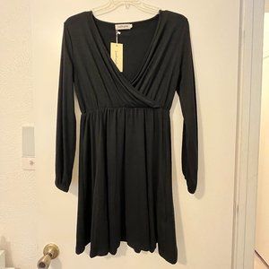 Black faux wrap flowy dress with long sleeves